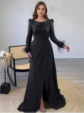 A-Line Evening Gown Floor Length Long Sleeve Illusion Neck Black Mother Of the Bride Dress Sequined with Feather Pearls Overskirt