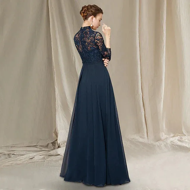 A-Line Mother of the Bride Dress Elegant High Neck Floor Length Chiffon Lace Short Sleeve with Pleats