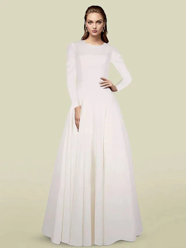 A-Line Mother of the Bride Dress Elegant Jewel Neck Floor Length Italy Satin Long Sleeve with Pleats