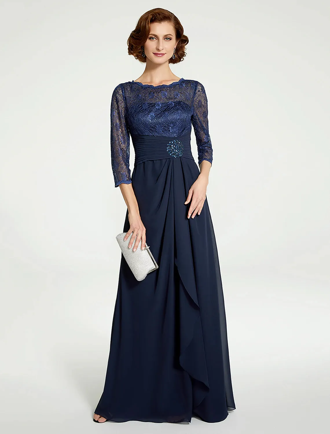 A-Line Mother of the Bride Dress Jewel Neck Floor Length Chiffon Lace 3/4 Length Sleeve with Lace Ruching