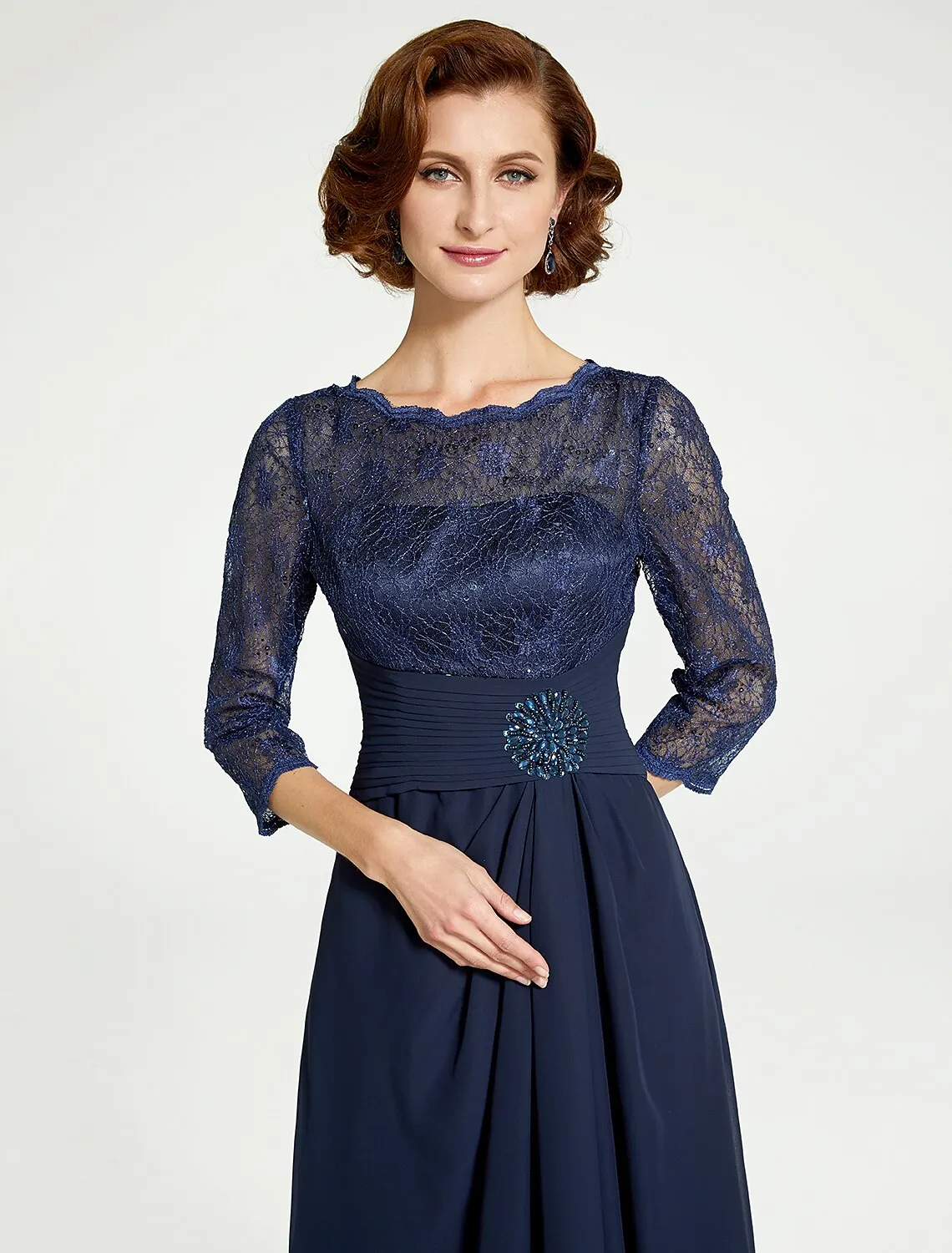 A-Line Mother of the Bride Dress Jewel Neck Floor Length Chiffon Lace 3/4 Length Sleeve with Lace Ruching