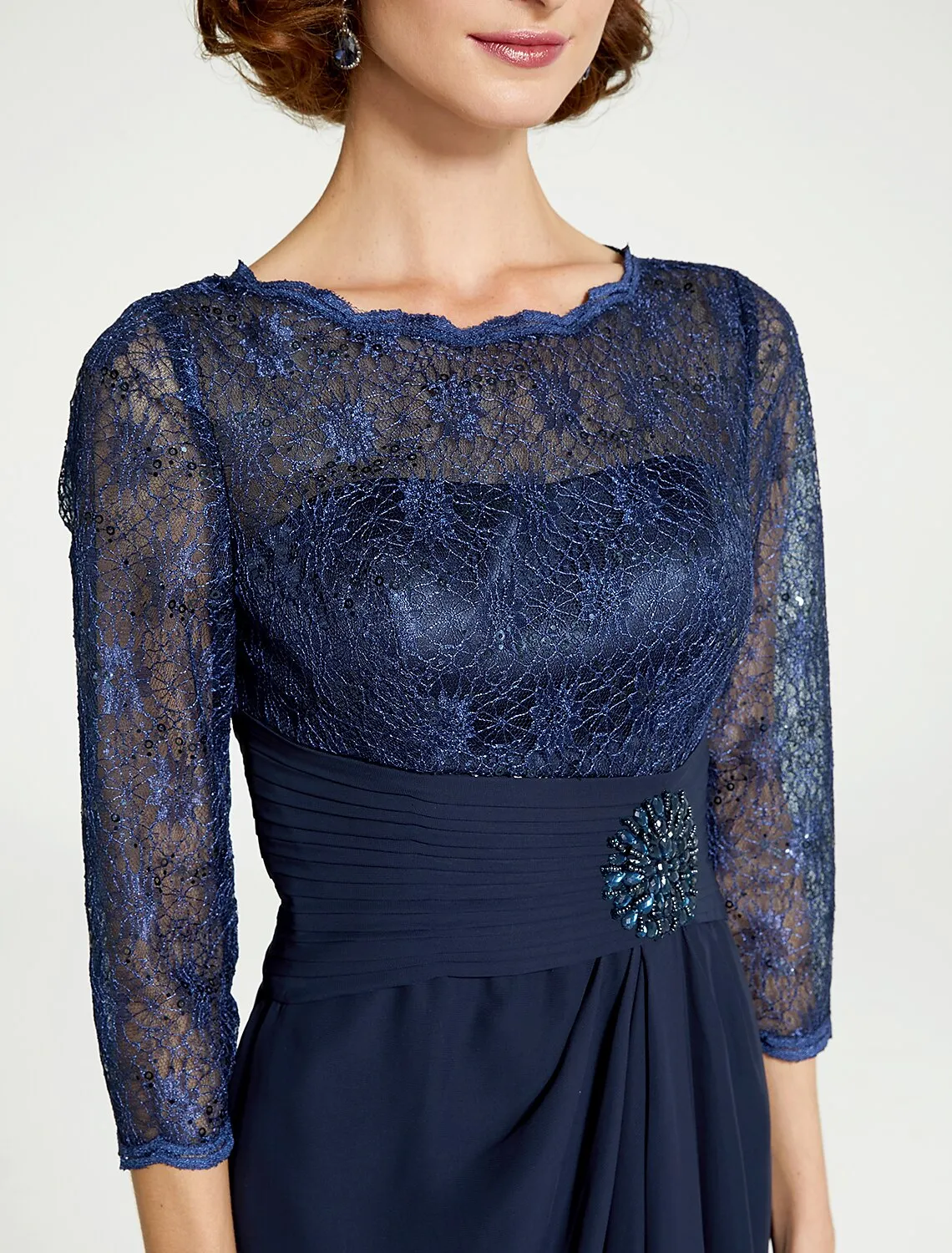 A-Line Mother of the Bride Dress Jewel Neck Floor Length Chiffon Lace 3/4 Length Sleeve with Lace Ruching