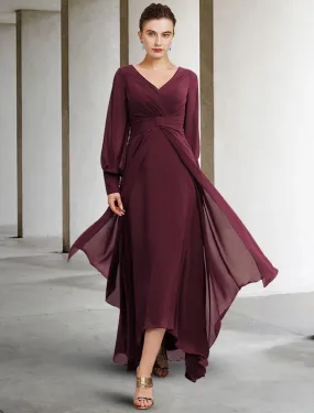 A-Line Mother of the Bride Dress Plus Size Elegant High Low V Neck Asymmetrical Floor Length Chiffon Long Sleeve with Pleats Ruched