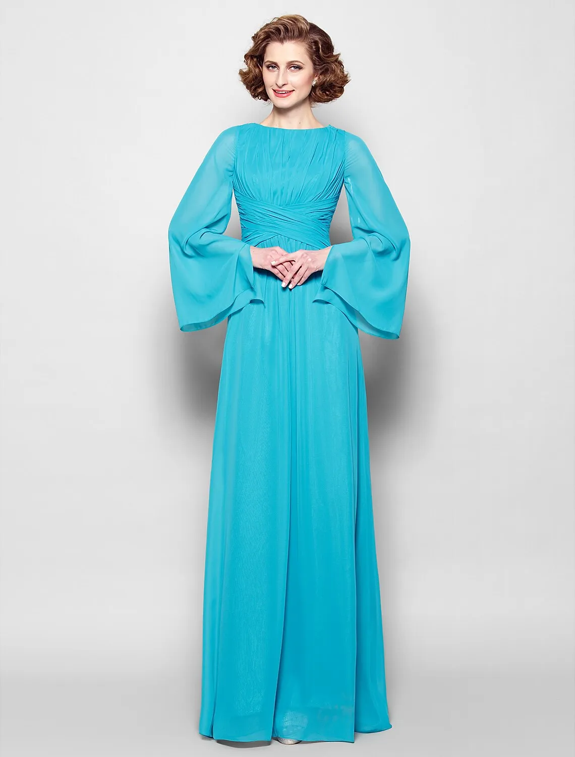 A-Line Mother of the Bride Dress Vintage Inspired Bateau Neck Floor Length Chiffon Long Sleeve No with Pleats