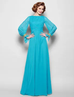 A-Line Mother of the Bride Dress Vintage Inspired Bateau Neck Floor Length Chiffon Long Sleeve No with Pleats