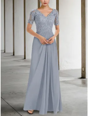 A-Line Mother of the Bride Dress Wedding Guest Elegant V Neck Floor Length Chiffon Lace Short Sleeve with Ruching Solid Color