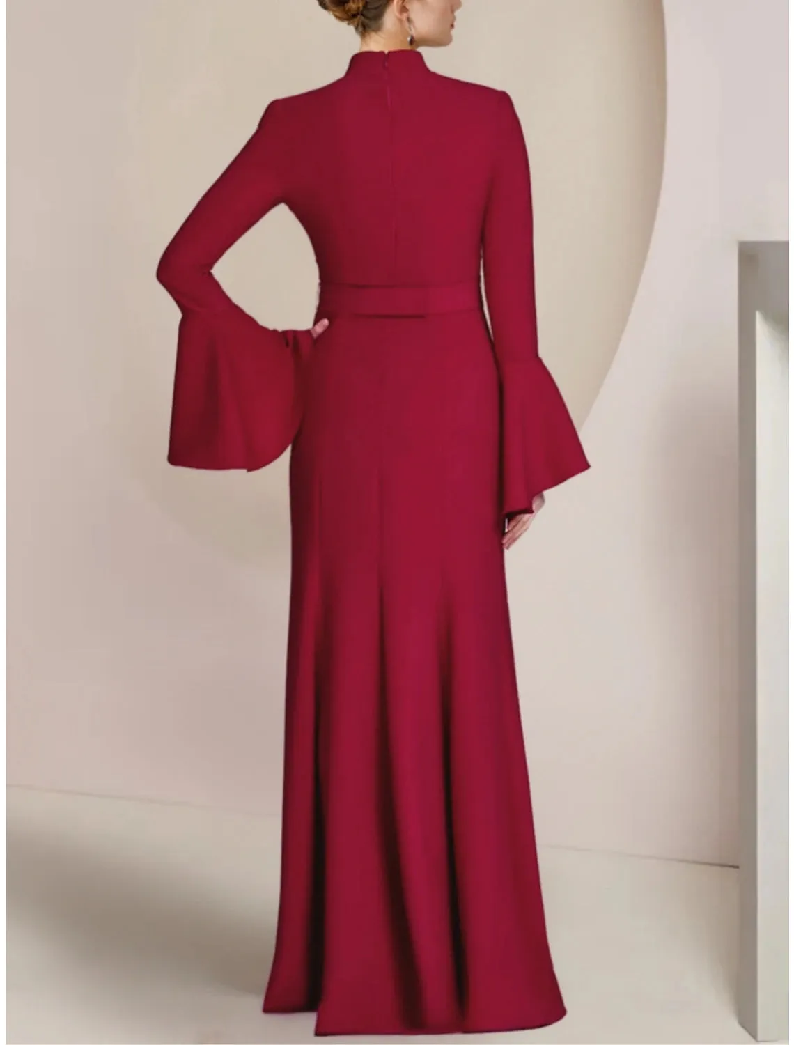 A-Line Mother of the Bride Dress Wedding Guest Party Elegant V Neck Floor Length Stretch Chiffon Long Sleeve with Pleats Crystal Brooch