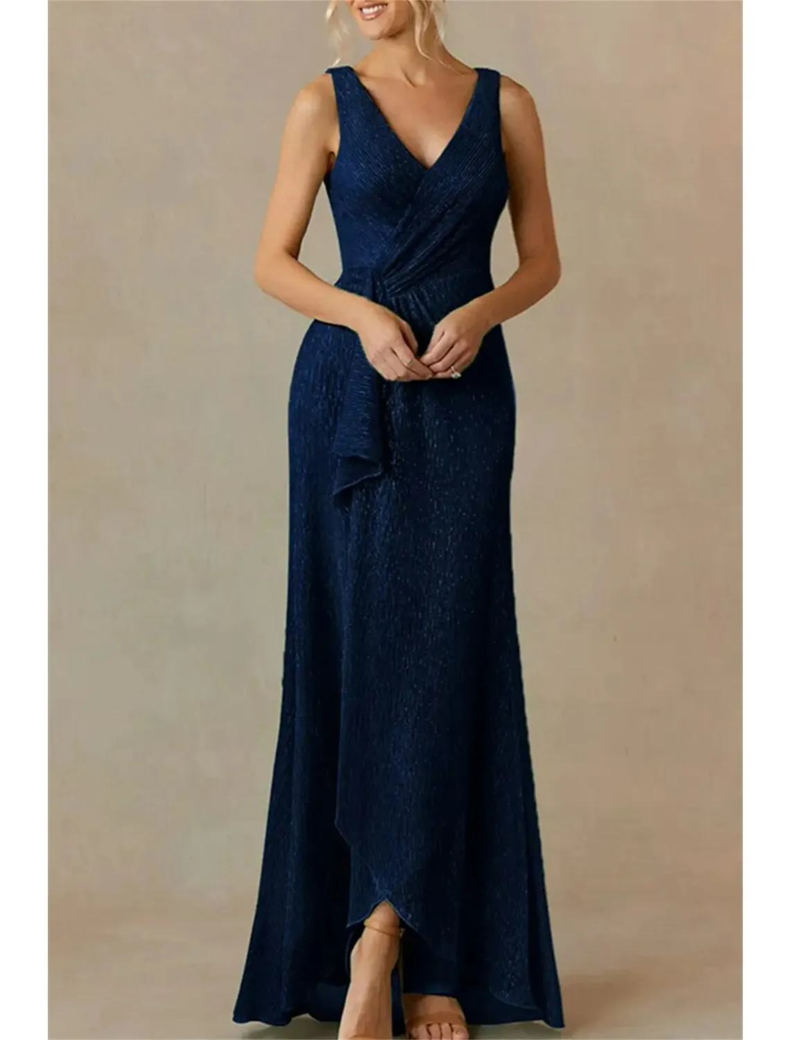 A-Line Mother of the Bride Dress Wedding Guest Sparkle & Shine Elegant V Neck Floor Length Polyester Sleeveless with Split Front Side-Draped