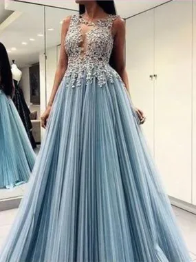 A Line Open Back Light Blue Round Neck Long Popular Tulle Prom Dresses PD1127