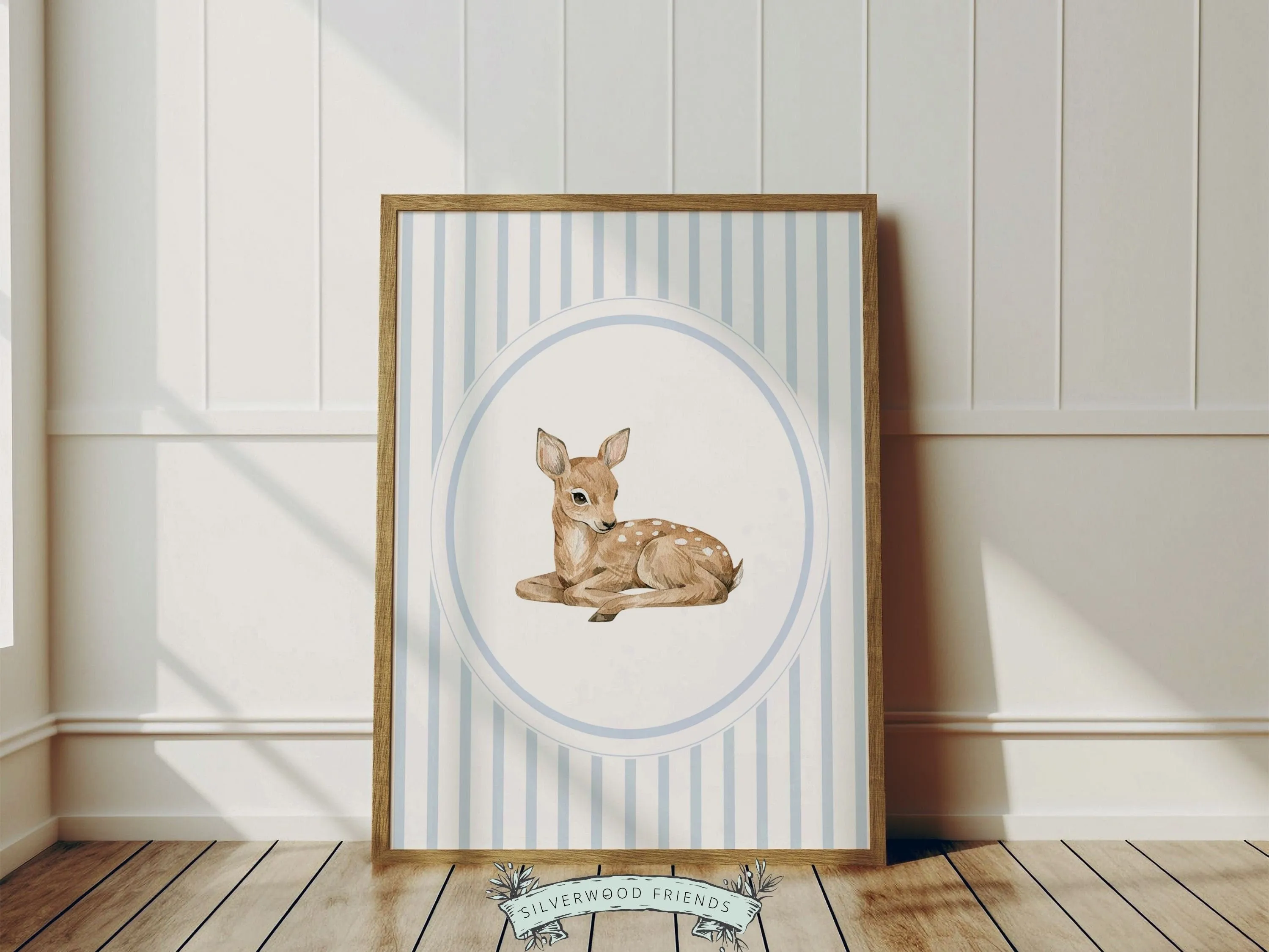 Baby Deer Nursery Prints - Blue White Stripes