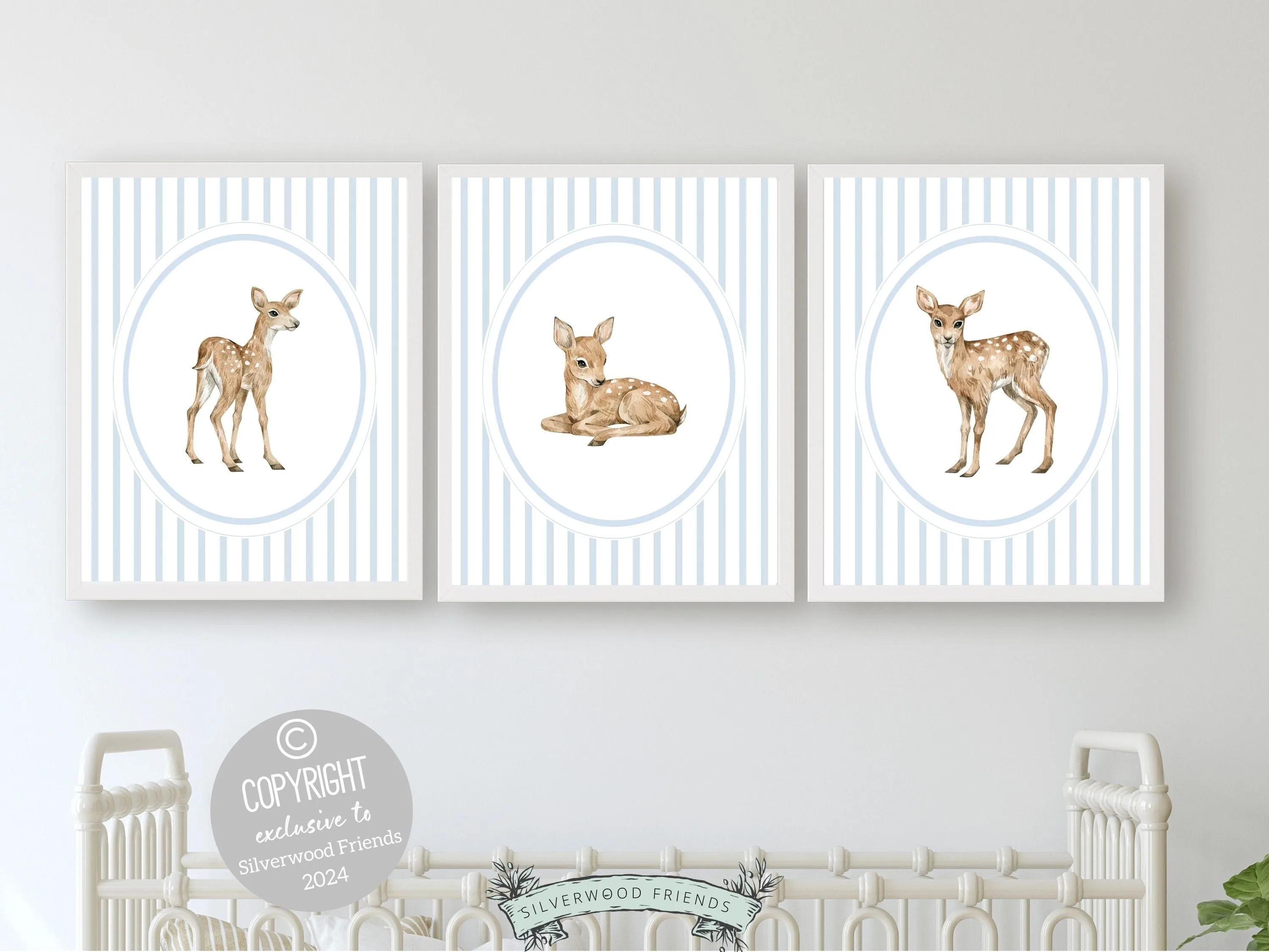 Baby Deer Nursery Prints - Blue White Stripes