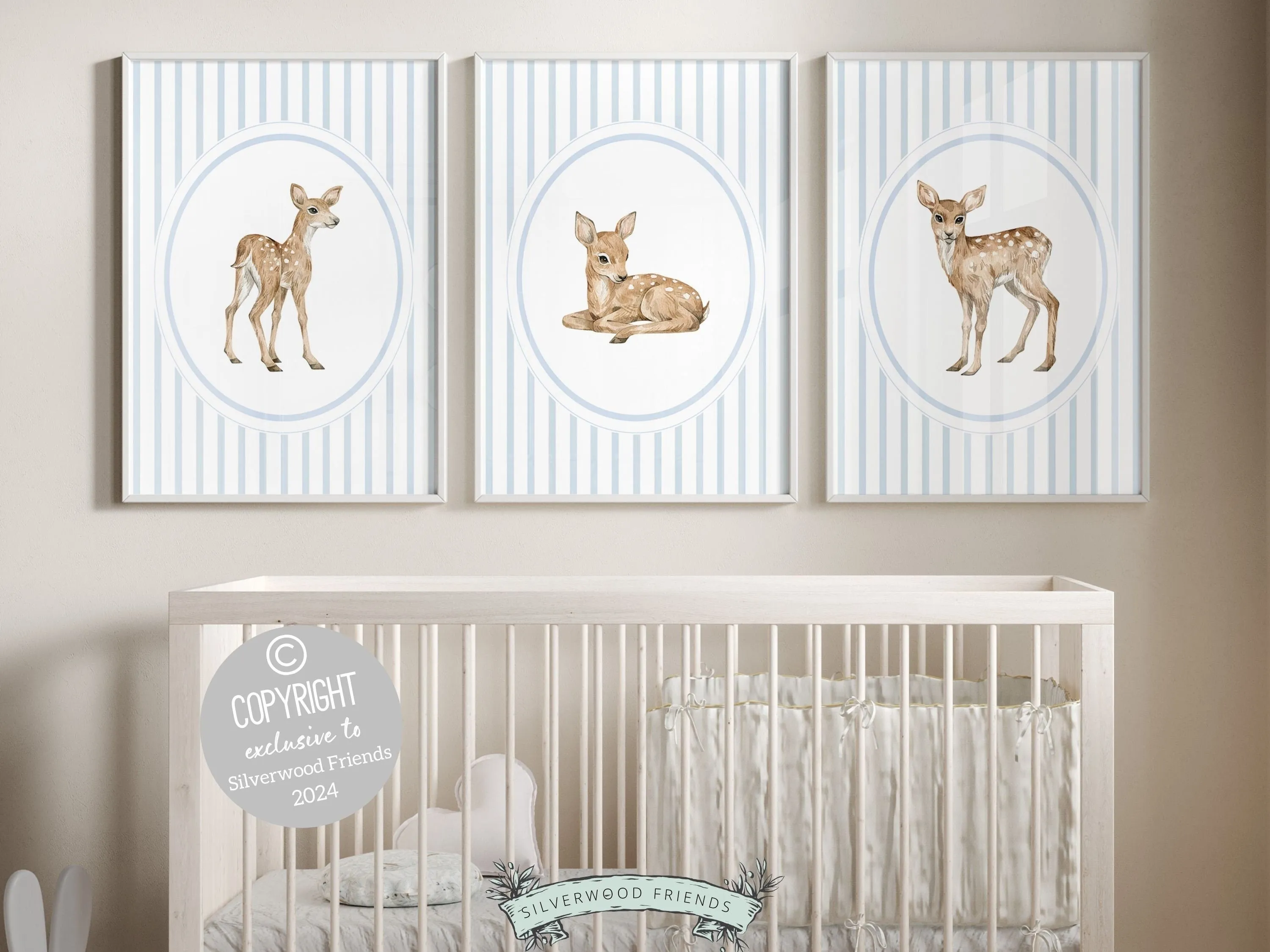 Baby Deer Nursery Prints - Blue White Stripes