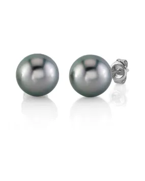 Black Tahitian Pearl Stud Earrings - Silver Overtone