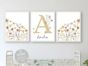 Boho Yellow Wildflower Nursery Prints - Personalised - 002