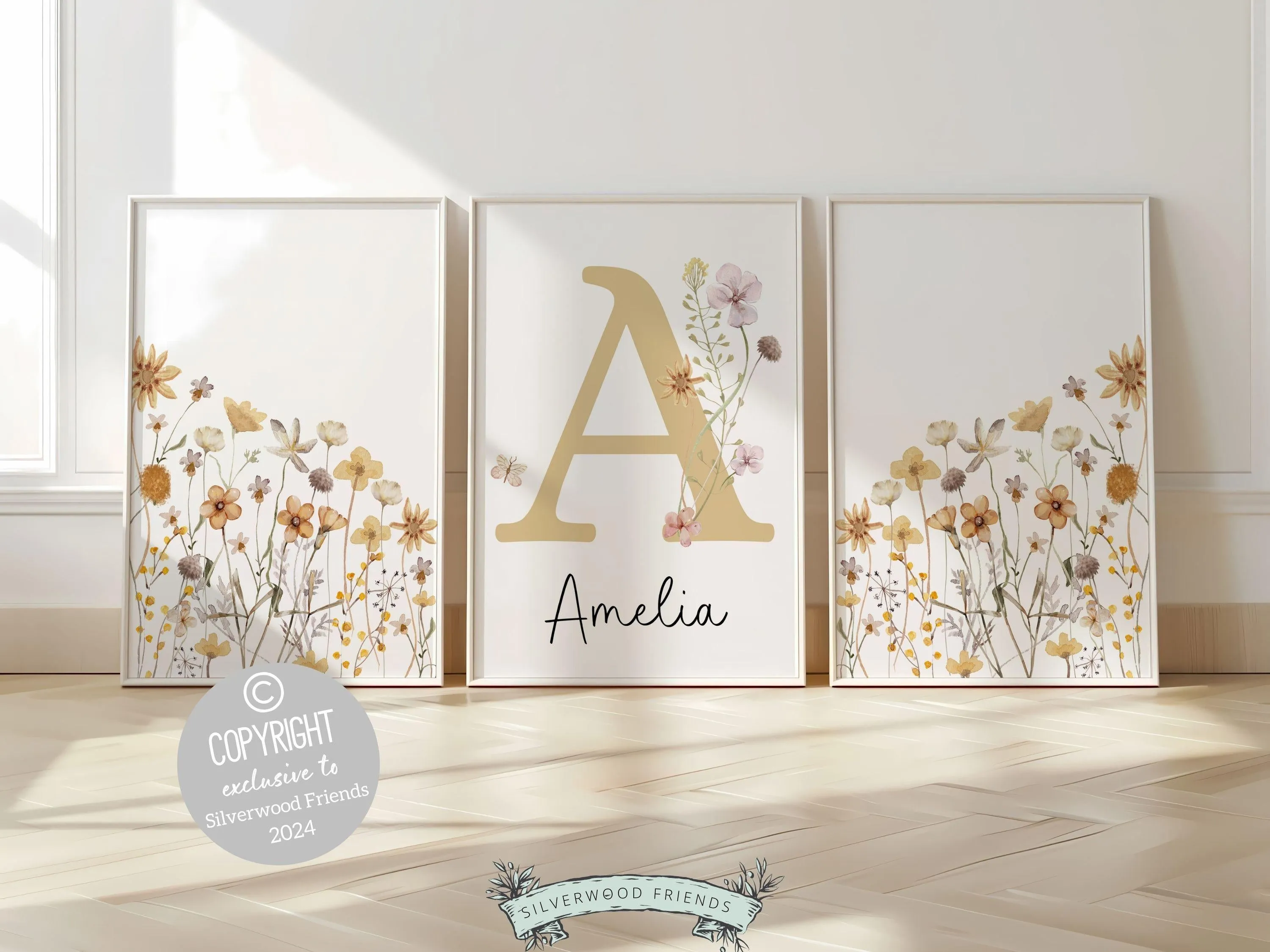 Boho Yellow Wildflower Nursery Prints - Personalised - 002