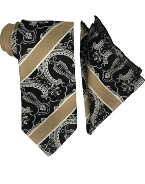 Bruno Conte Stripe Paisley Tie and Handkerchief - Taupe & Black