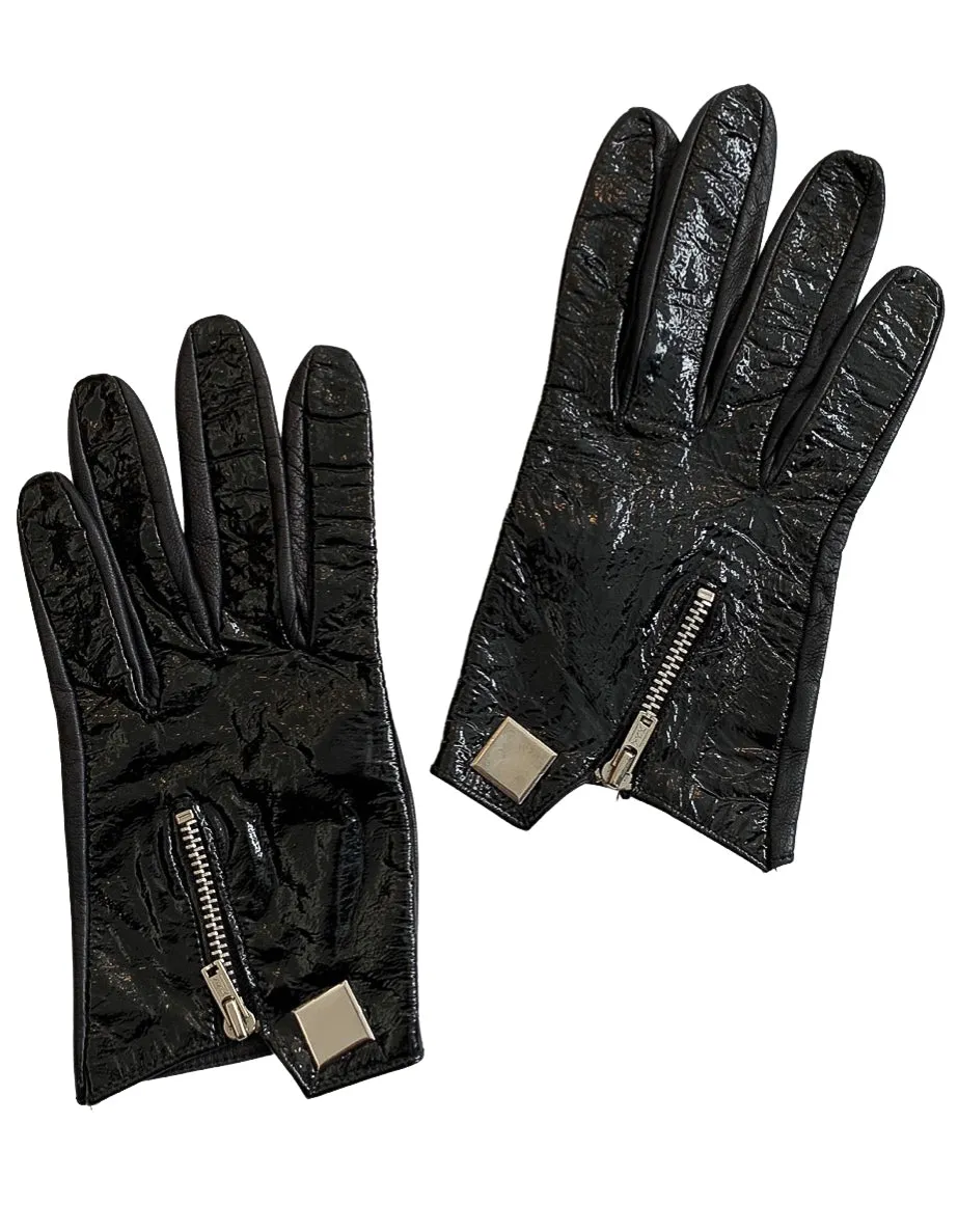 CLAUDE MONTANA BLACK PATENT LEATHER BONDAGE GLOVES