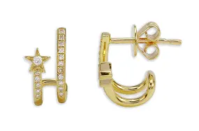 Earrings 14kt Gold Double Row Star & Diamonds