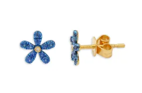 Earrings 14kt Gold Rhodium Flowers with Blue Sapphires & Diamonds Studs