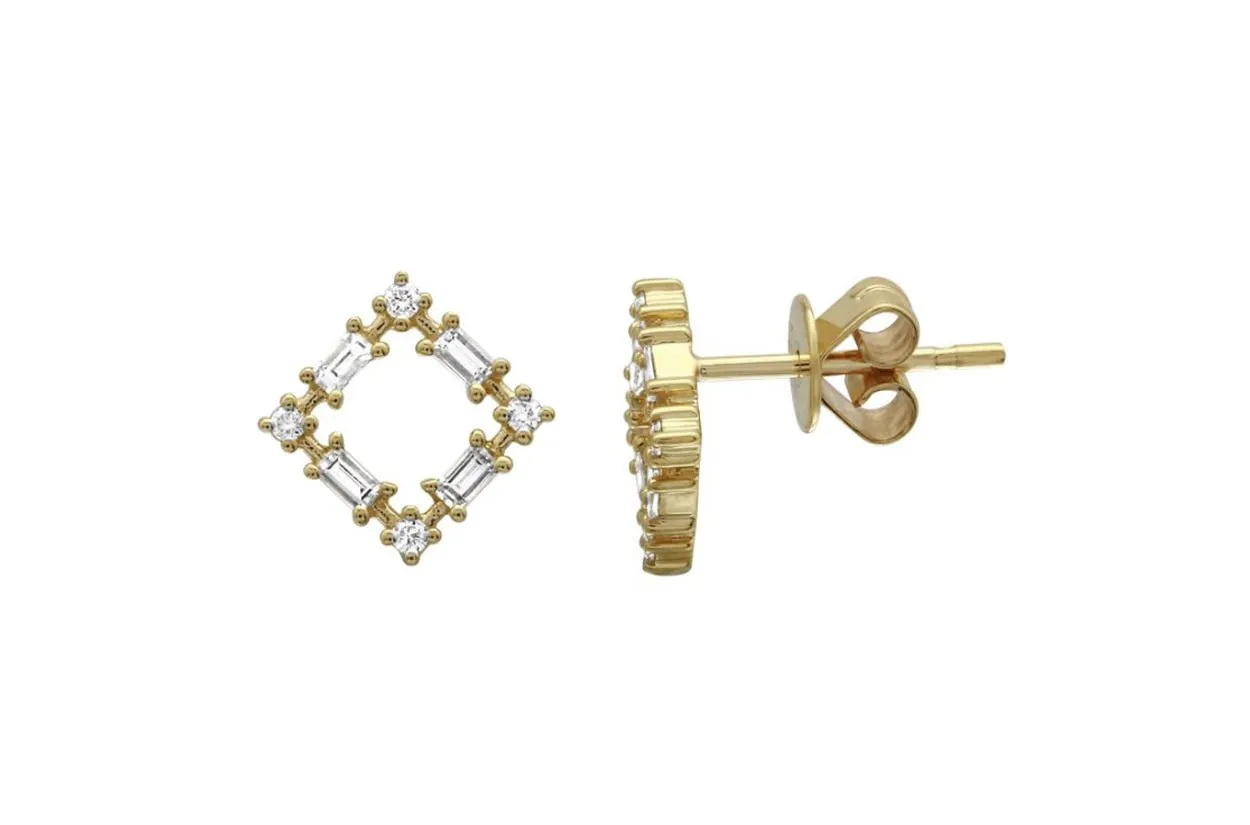 Earrings 14kt Gold Square Stud & Baguette Diamonds