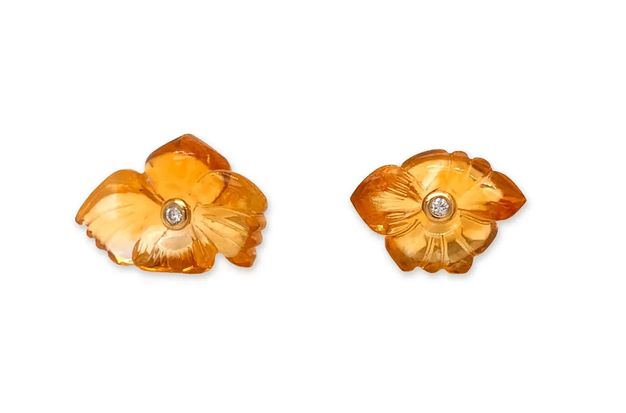 Earrings 18kt Gold Citrine Asymmetrical Carved Flowers & Diamonds