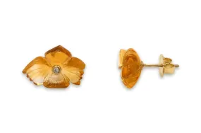 Earrings 18kt Gold Citrine Asymmetrical Carved Flowers & Diamonds