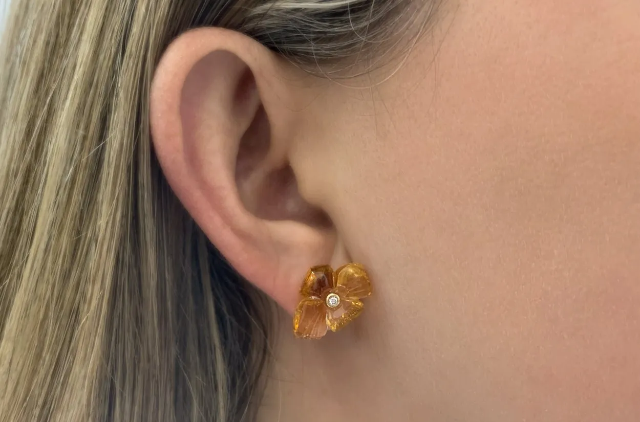 Earrings 18kt Gold Citrine Asymmetrical Carved Flowers & Diamonds