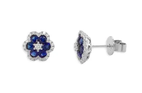 Earrings 18kt Gold Flowers with Blue Sapphires & Diamonds Studs