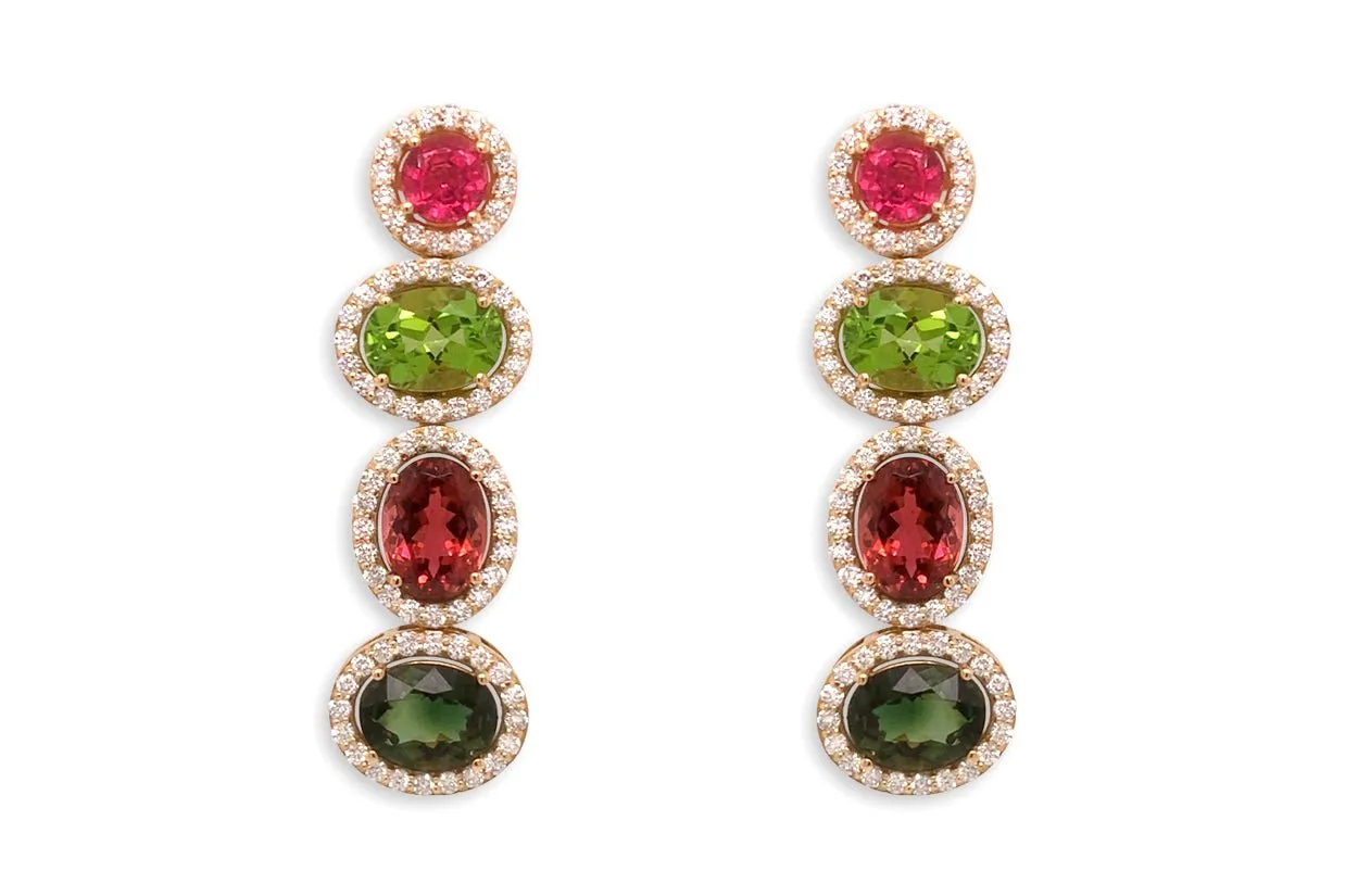 Earrings 18kt Gold Oval Peridots Tourmalines & Pave Diamonds