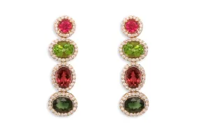 Earrings 18kt Gold Oval Peridots Tourmalines & Pave Diamonds