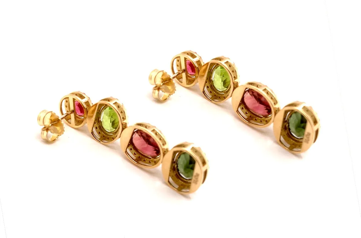 Earrings 18kt Gold Oval Peridots Tourmalines & Pave Diamonds