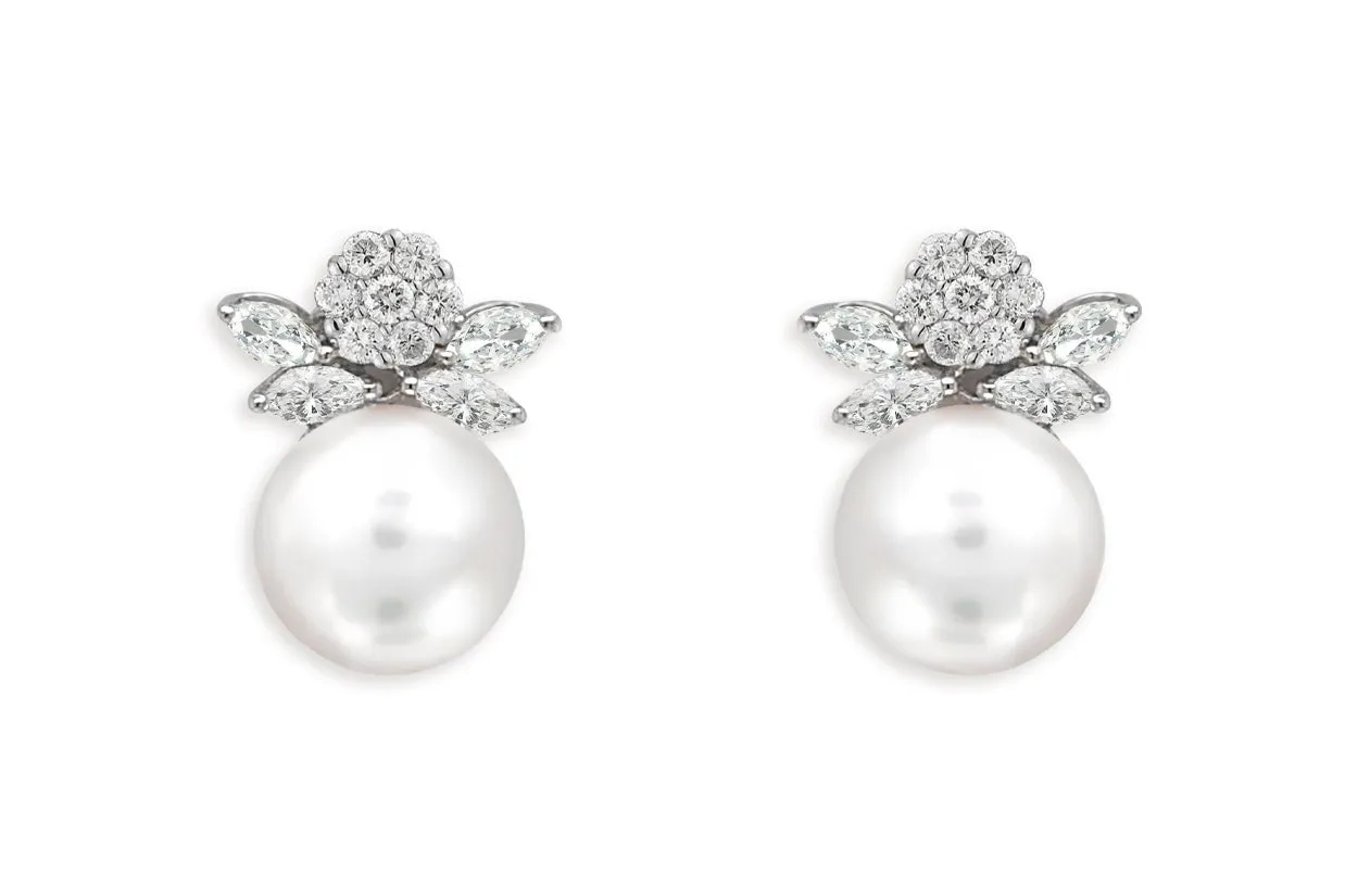 Earrings 18kt Gold Pearls with Round & Marquise Diamonds