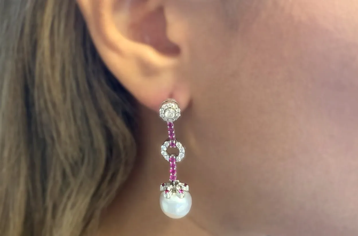 Earrings 18kt Gold Pink Sapphires with Pearls & Detachable Diamonds