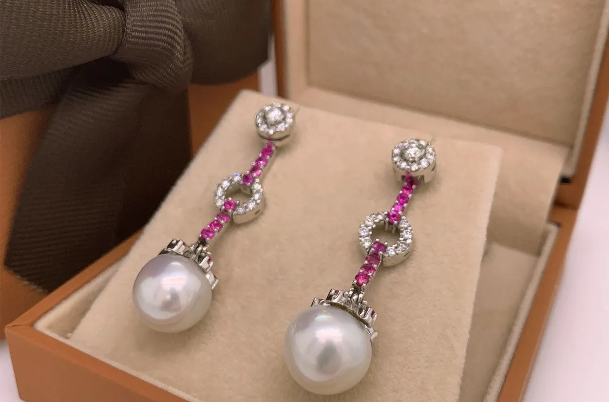 Earrings 18kt Gold Pink Sapphires with Pearls & Detachable Diamonds