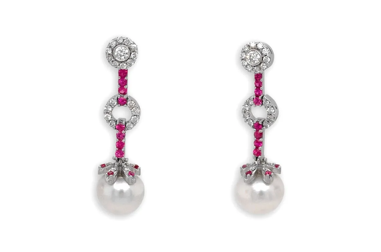 Earrings 18kt Gold Pink Sapphires with Pearls & Detachable Diamonds