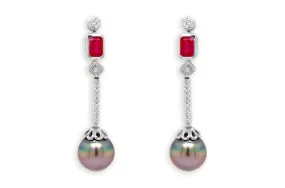 Earrings 18kt Gold Tahití Pearls with Rubies & Diamonds studs