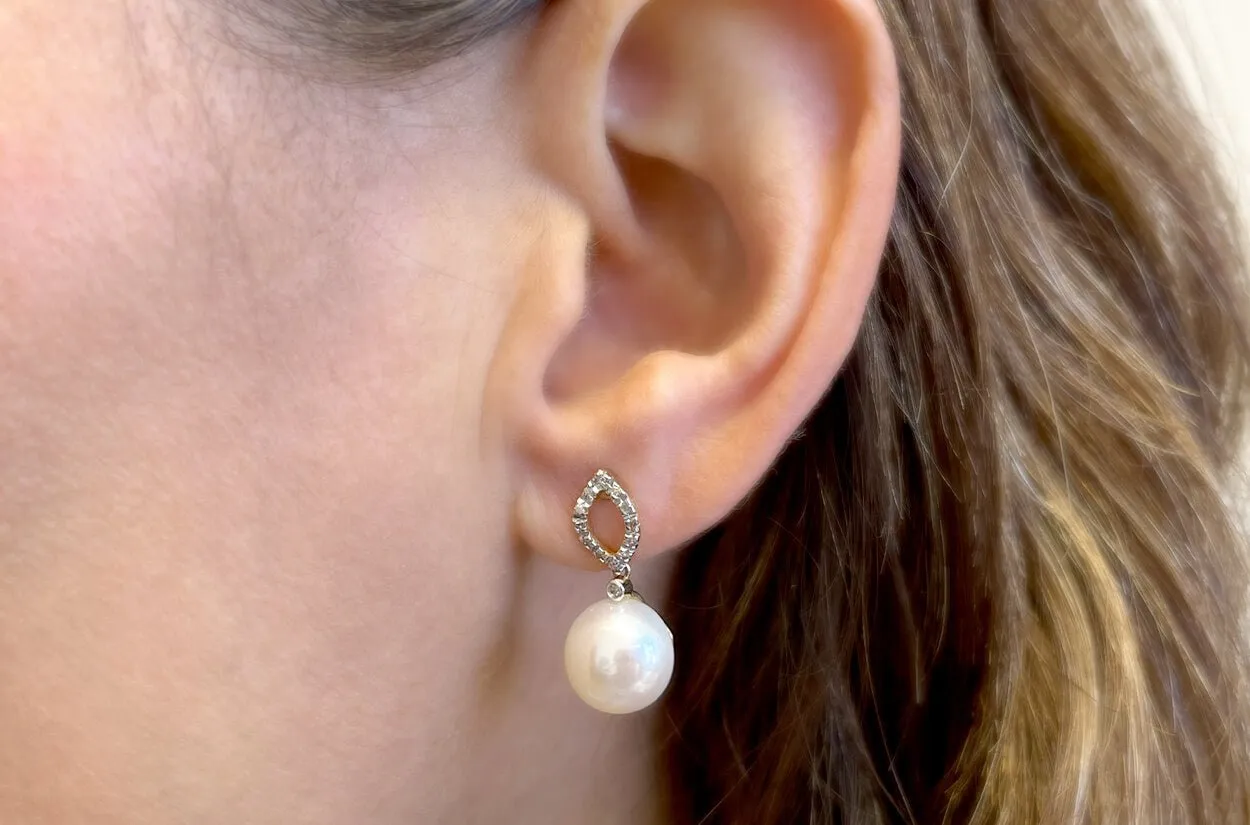 Earrings 18kt Mixed Gold South Sea Pearls & Round Diamonds Studs