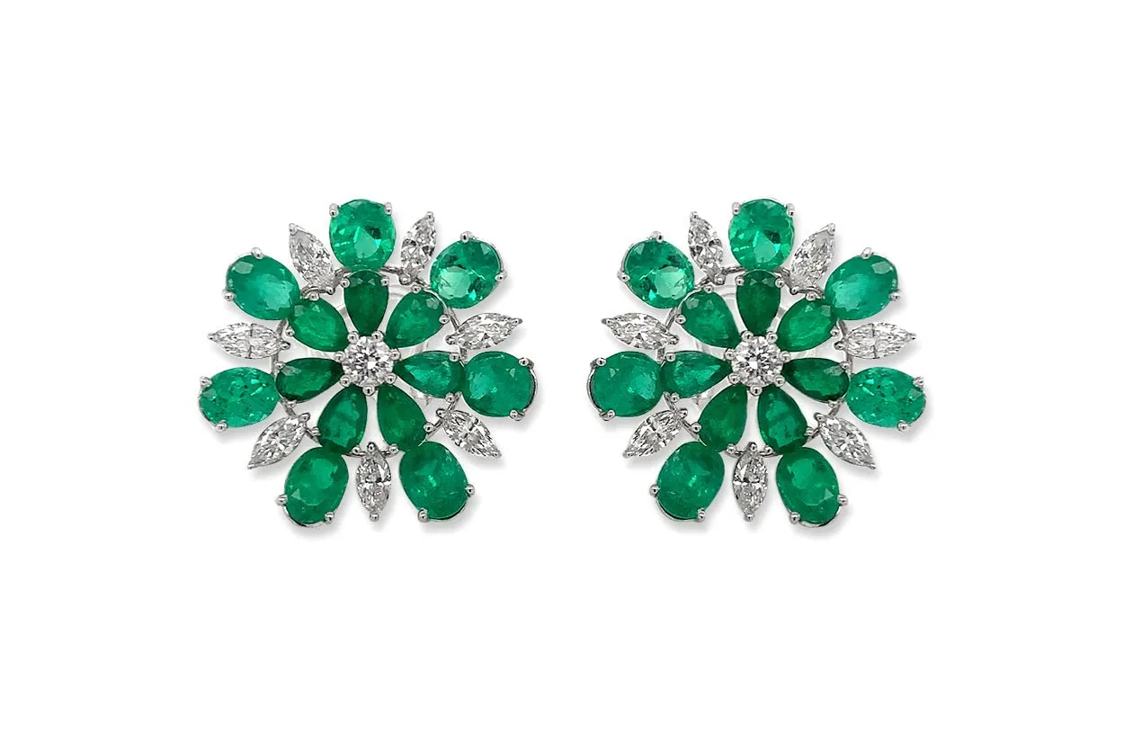 Earrings 18kt White Gold Flowers Emeralds & Diamonds