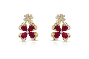 Earrings 18kt Yellow Gold Two Flowers Rubies & Diamonds