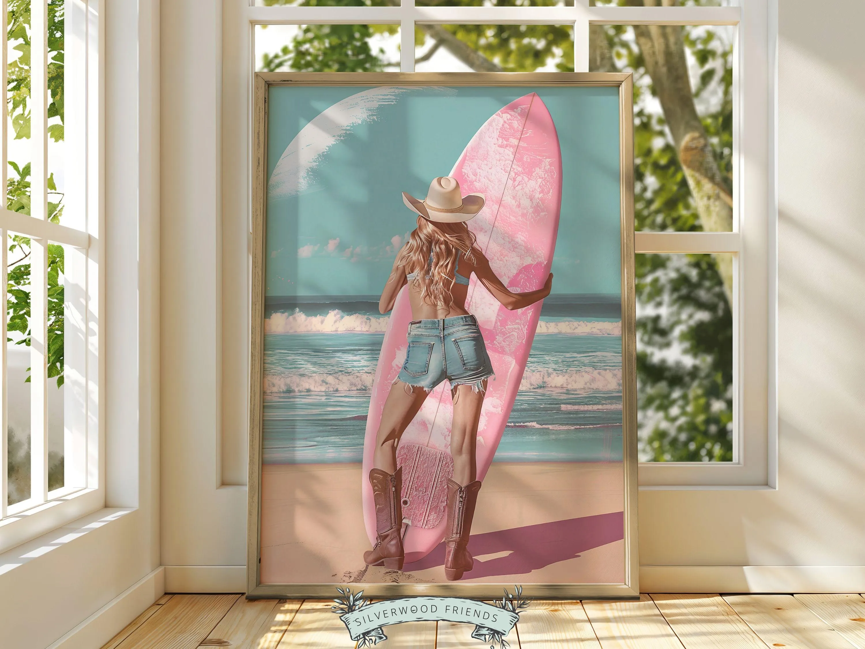 Girl Surfer Pink Surfboard Print - 002