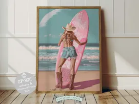 Girl Surfer Pink Surfboard Print - 002