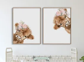 Peeking Highland Cow Nursery Print Set of 2