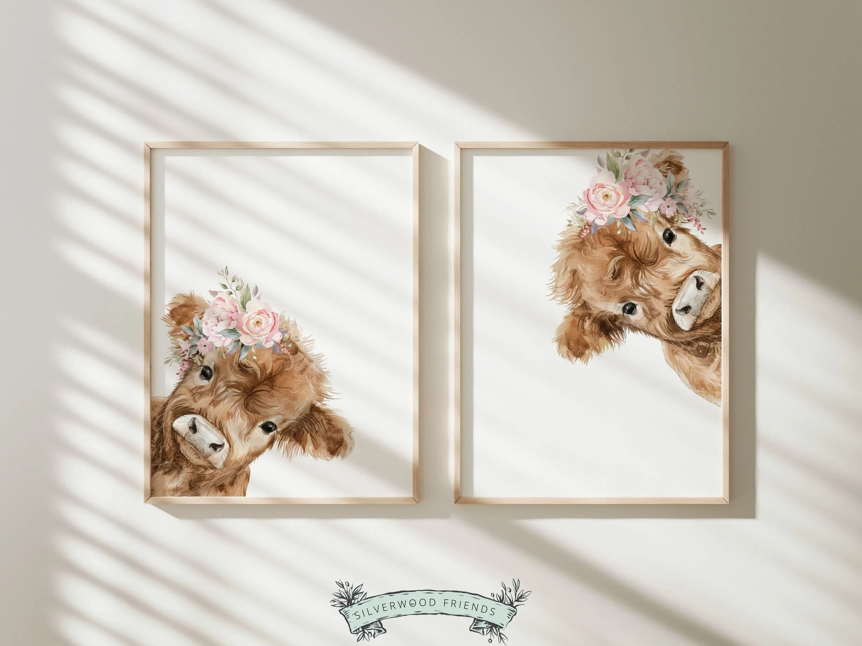 Peeking Highland Cow Nursery Print Set of 2