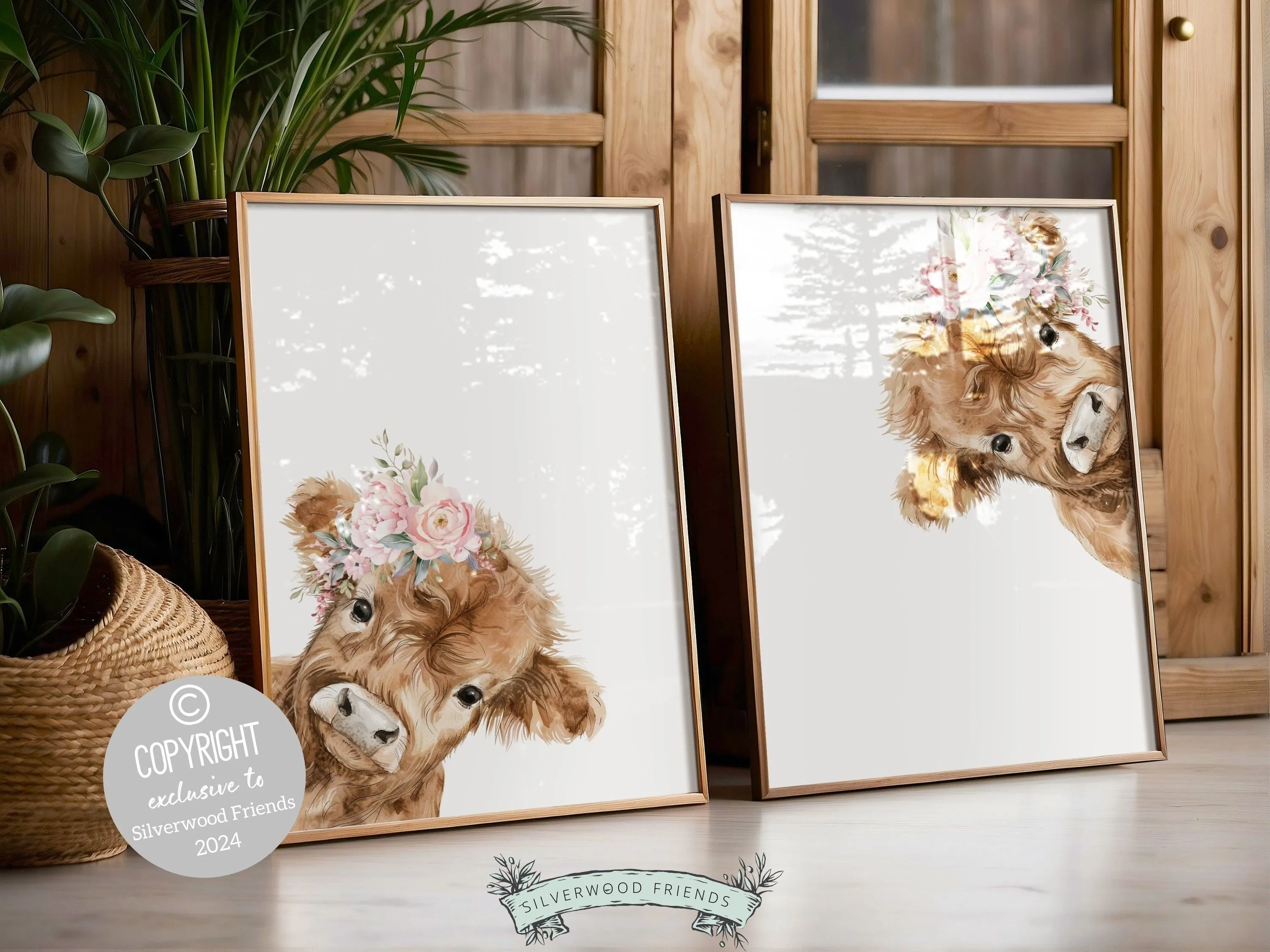 Peeking Highland Cow Nursery Print Set of 2