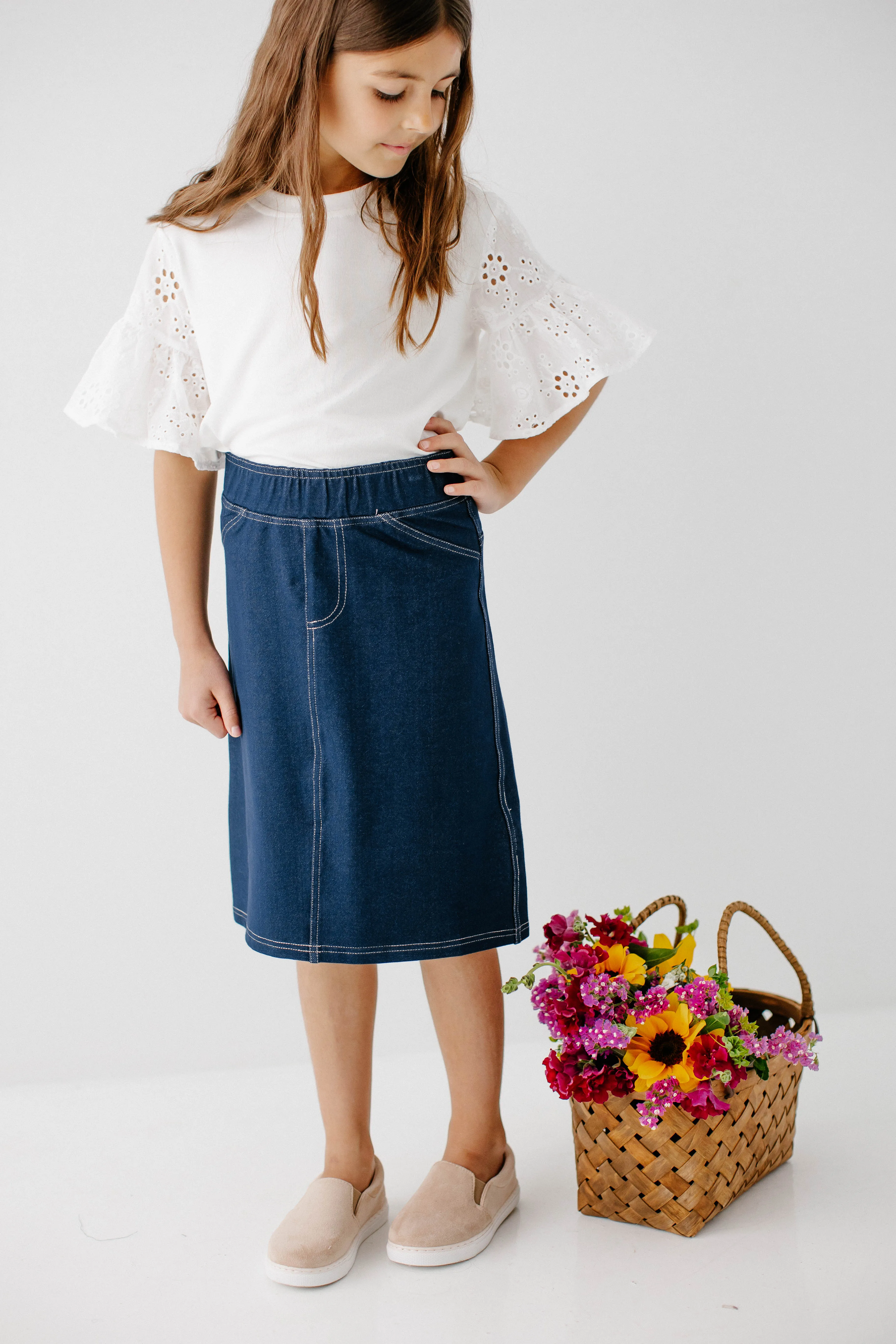 'Piper' Girl Knit Denim Skirt in Navy