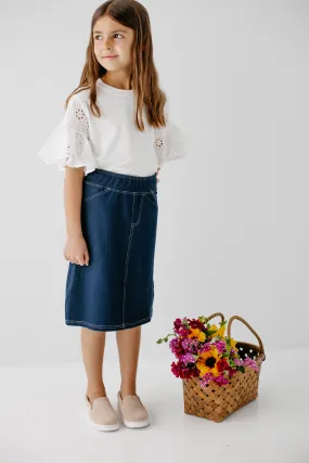 'Piper' Girl Knit Denim Skirt in Navy