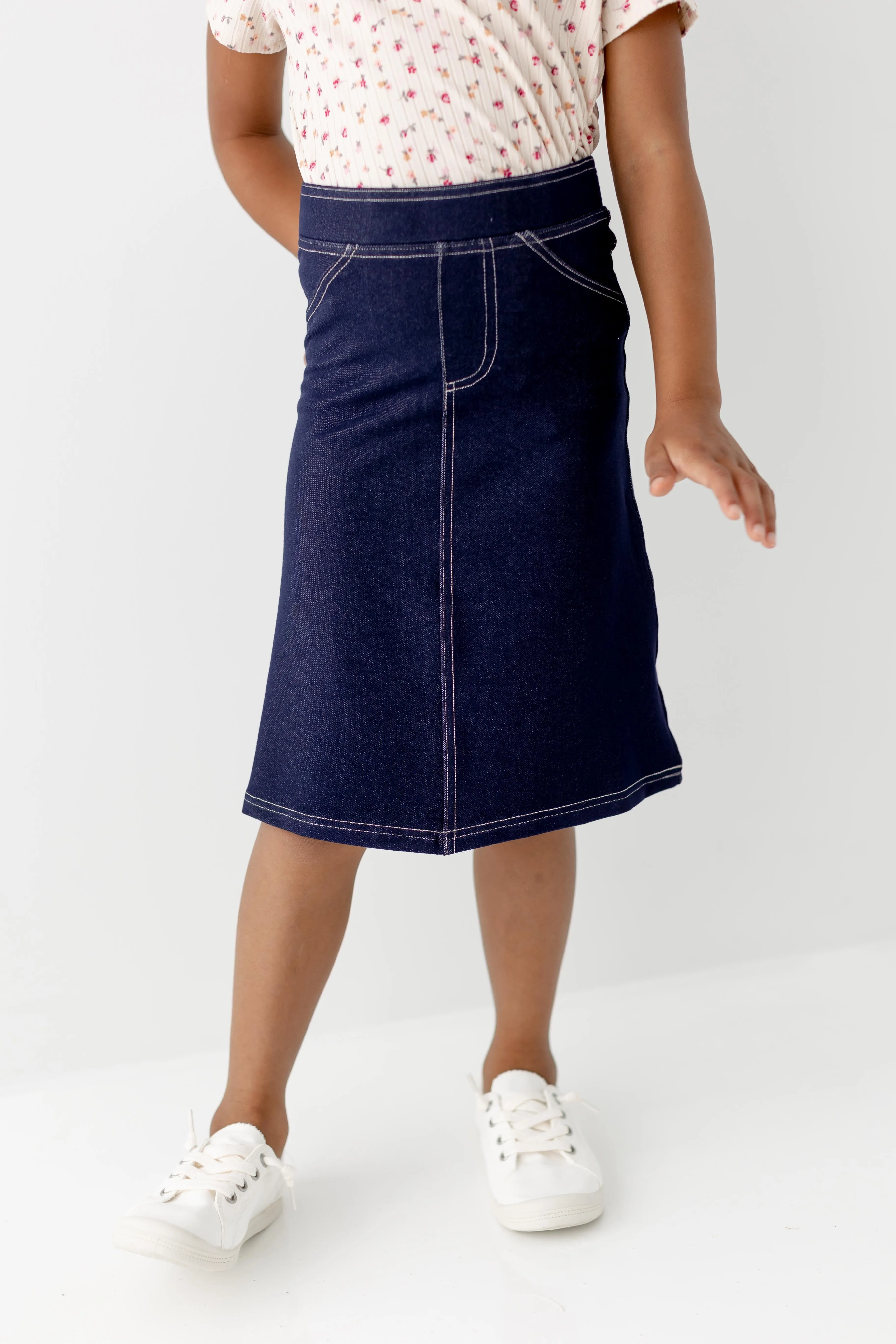 'Piper' Girl Knit Denim Skirt in Navy