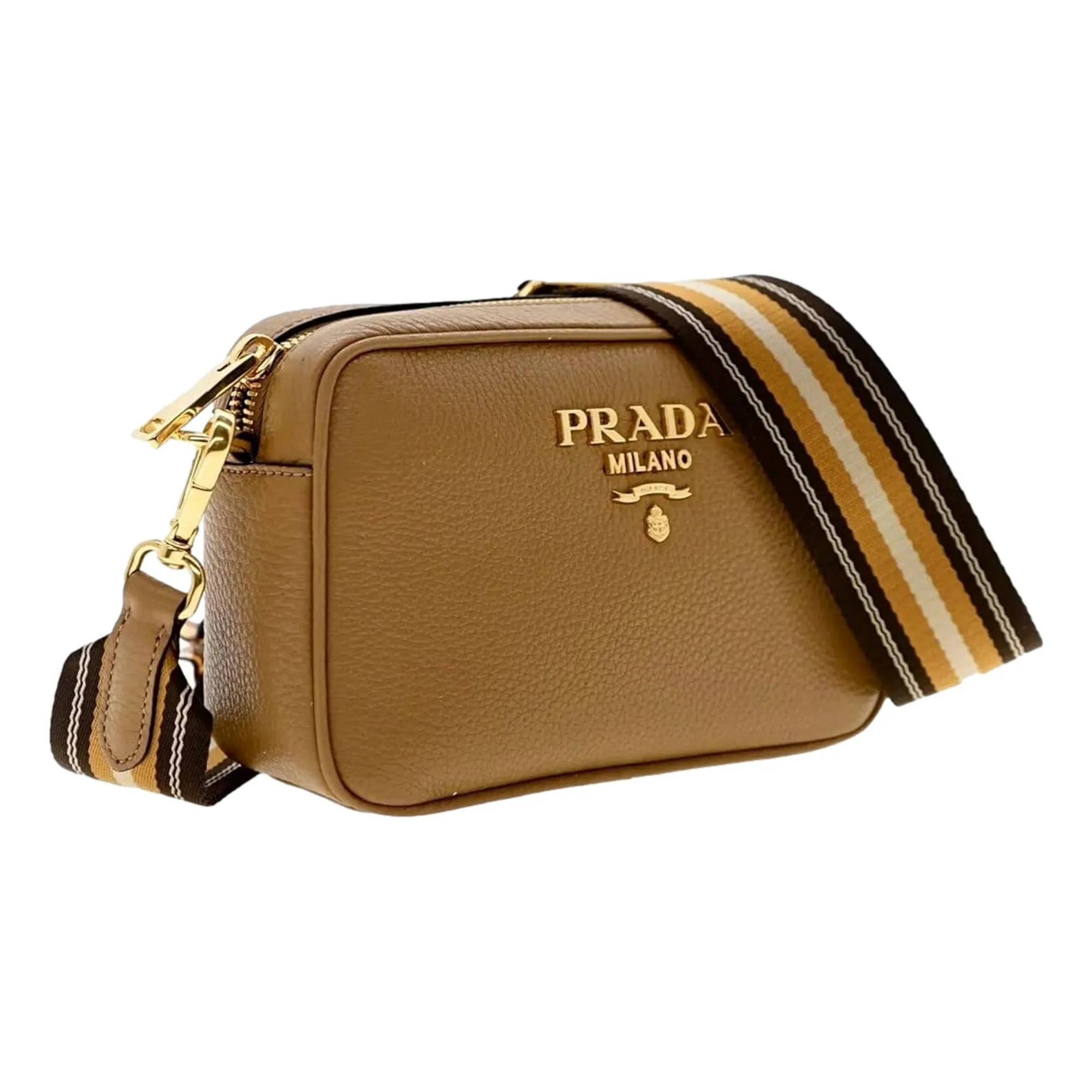 Prada Tan Caramel Leather Crossbody Bag Web Stripe Strap