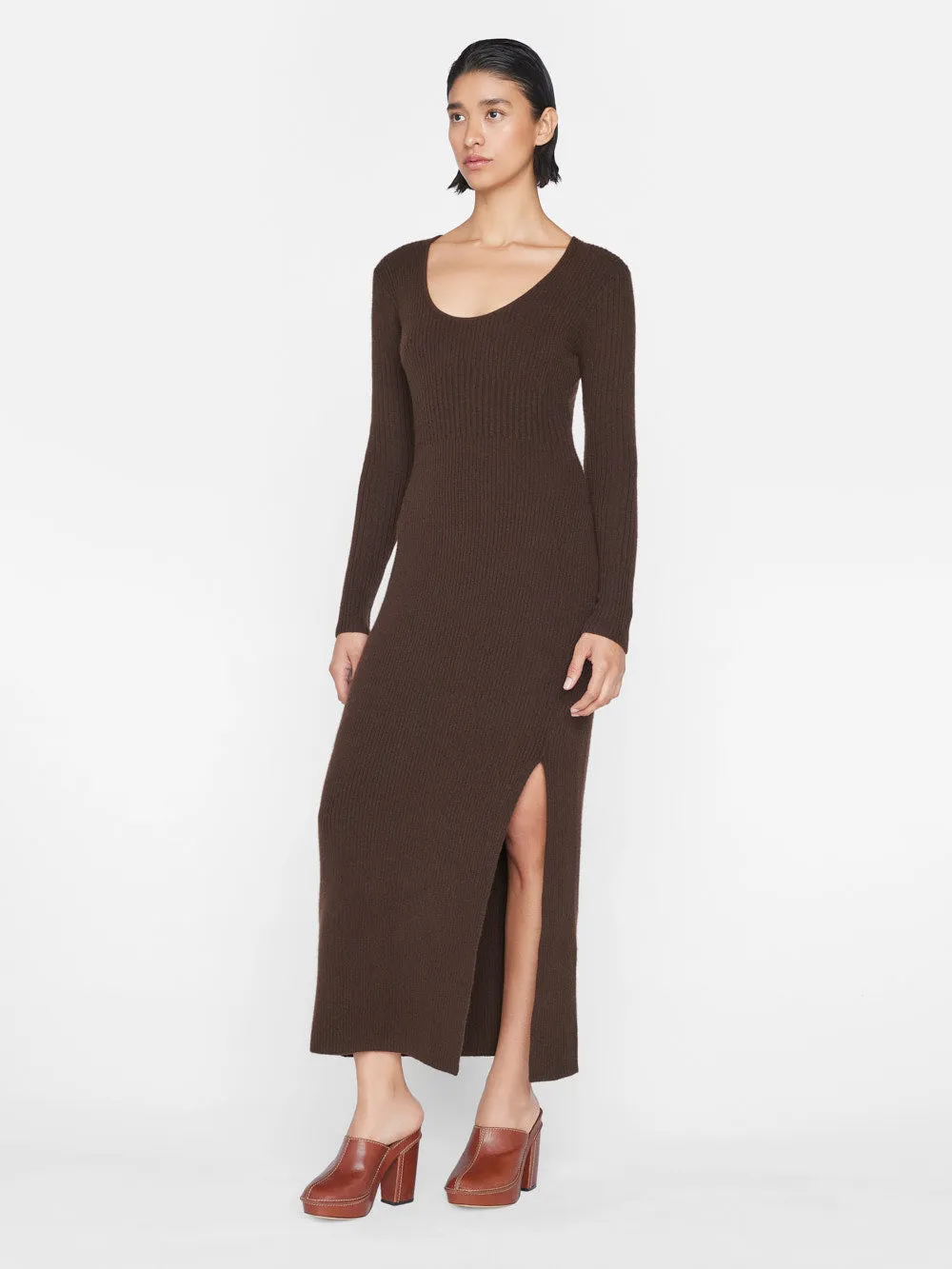 Ribbed Cashmere U-Neck Dress -- Espresso