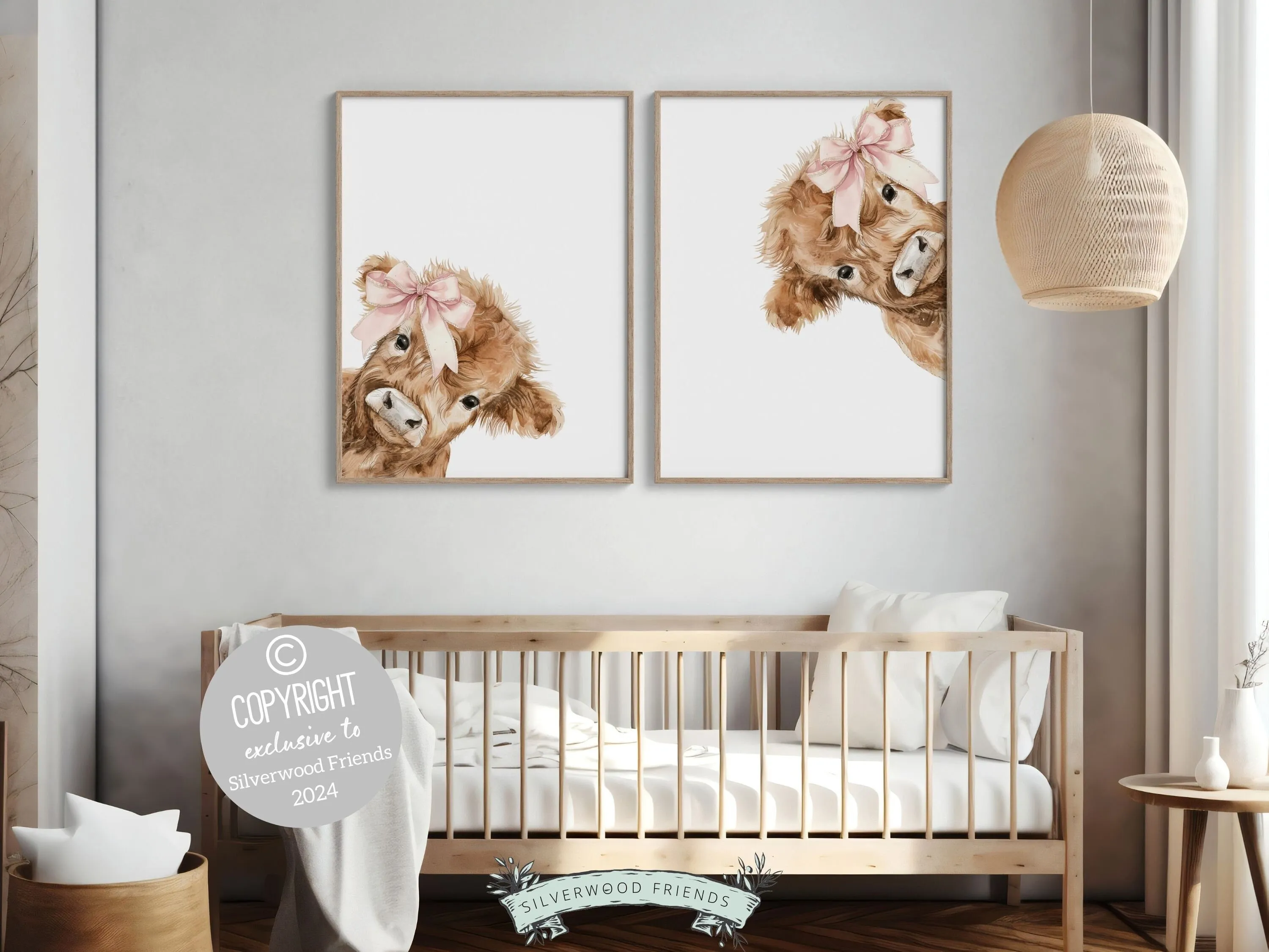 Set of 2 Peeking Baby Highland Cow Nursery Prints